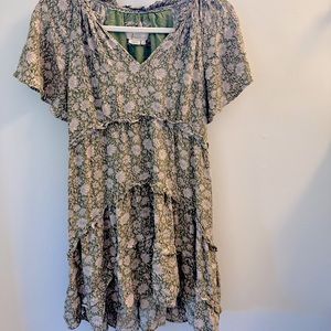 Anthropologie Green Robin Tiered Mini Dress Flutter Sleeves